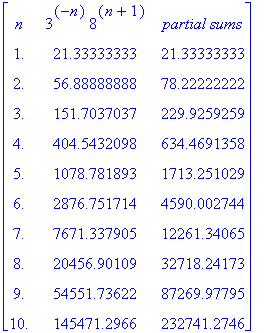 matrix([[n, 3^(-n)*8^(n+1), `partial sums`], [1., 2...