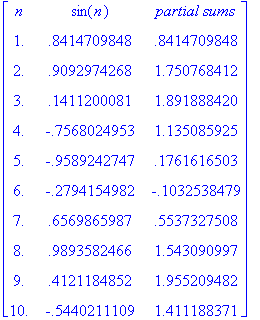 matrix([[n, sin(n), `partial sums`], [1., .84147098...