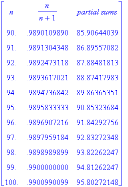 matrix([[n, n/(n+1), `partial sums`], [90., .989010...