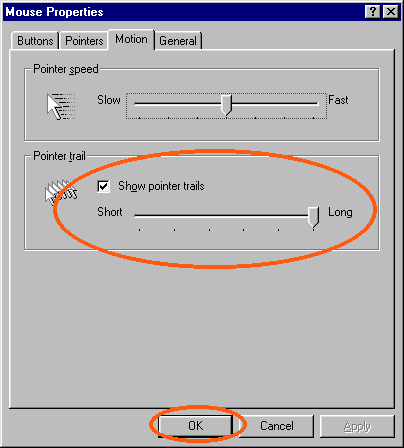Motion tab, Show pointer trails, Long, OK.