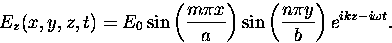 \begin{displaymath}
E_z(x,y,z,t) = E_0 \sin\left(\frac{m \pi x}{a} \right) \sin\left(\frac{n \pi y}{b} \right) e^{i k z -i \omega t}.
\end{displaymath}