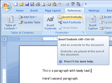 how to show endnote in word