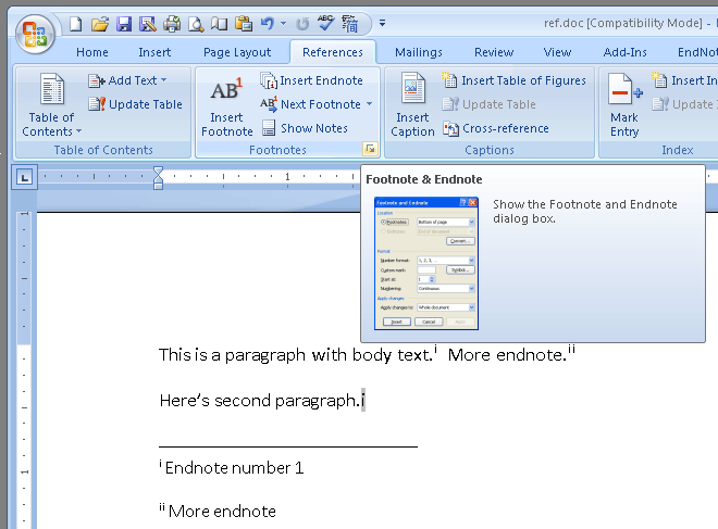 how to make footnotes in word 2007