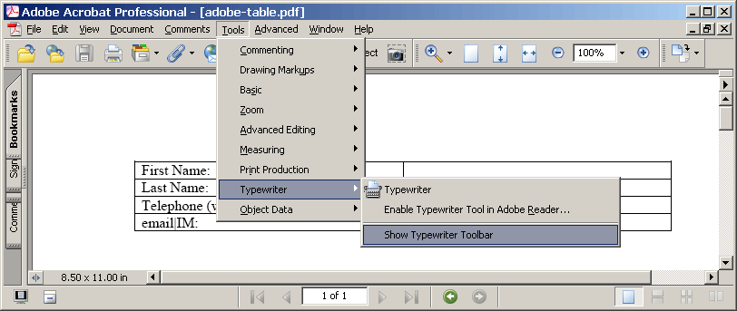 enable typewriter in adobe acrobat 7.0 professional