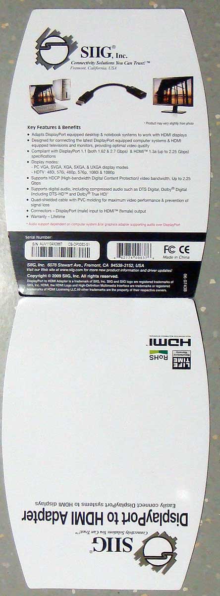 SIIG DisplayPort to HDMI Adapter adapter works (also work on W520 and T410 with graphics driver 267.21,audio driver 1.2.22)