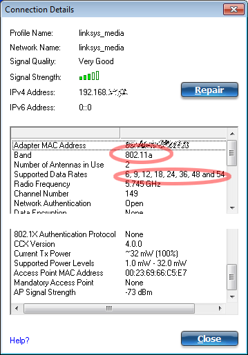 shows connect using 802.11n band, software shows 802.11a with only up to 54Mbps data rate