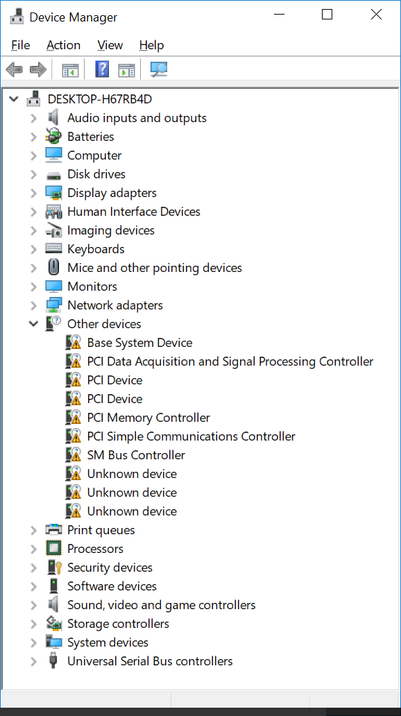 device manger missing drivers in clean windows install