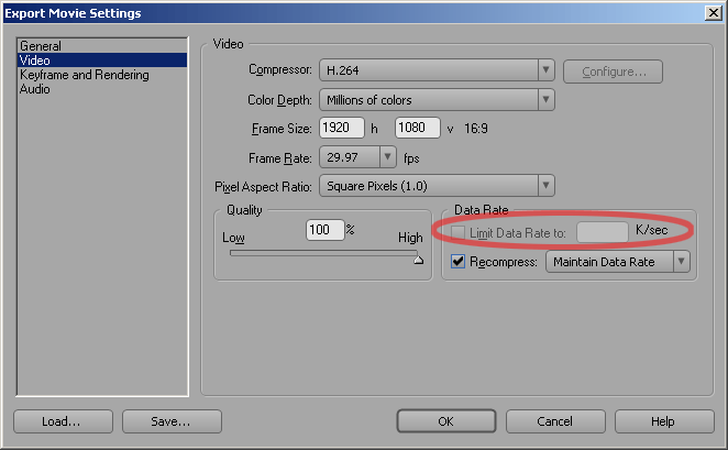 Pr export movie to QT H.264 no data rate setting