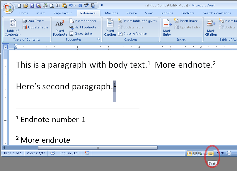shortcut to insert endnote in word