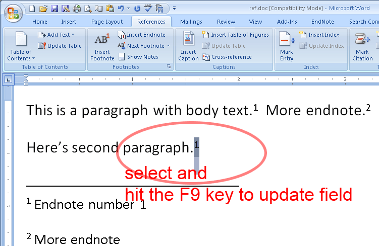 Microsoft Office Word 2007 Endnote Cross Reference 6450