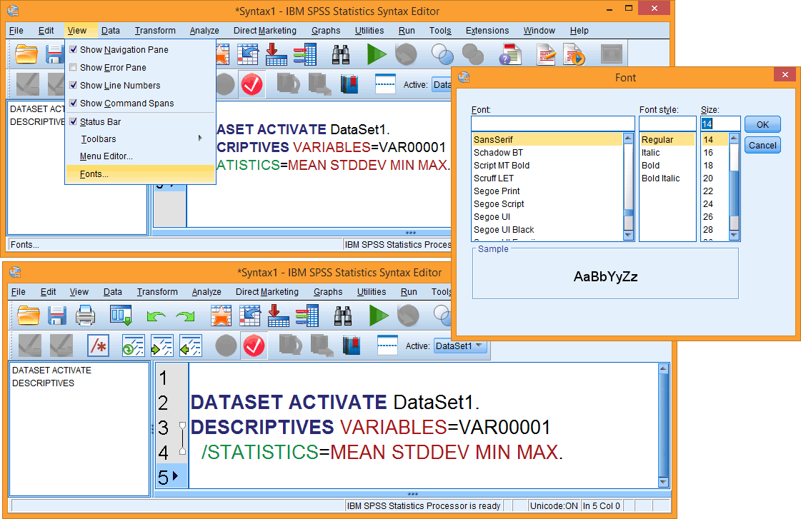 how to change SPSS syntax script window